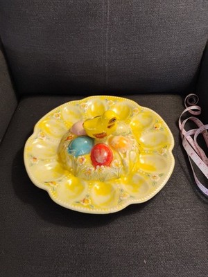 Easter Egg / Deviled Egg Holder Ceramic With Chick Accent -12 Slots
