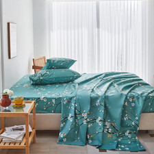 Teal Sheet Set 4 Pcs Queen Sheet Set Floral Print Flat Sheet Fitted Sheet Farmho