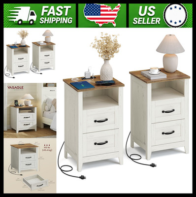 VASAGLE Farmhouse Nightstands Set of 2 with Charging Station, 2 Drawers