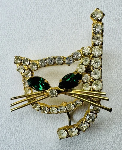Vintage Openwork CAT Kitty Brooch Pin Green Rhinestone Eyes 1.5” Sparkle