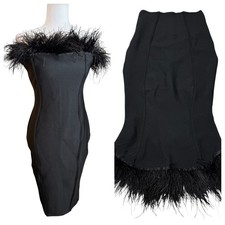 Black Feather Trim Strapless Silhouette Bodycon Dress Size L Dramatic Edgy
