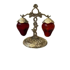Vintage Ruby Red Strawberry Glass Salt and Pepper Shaker Set With Stand Japan