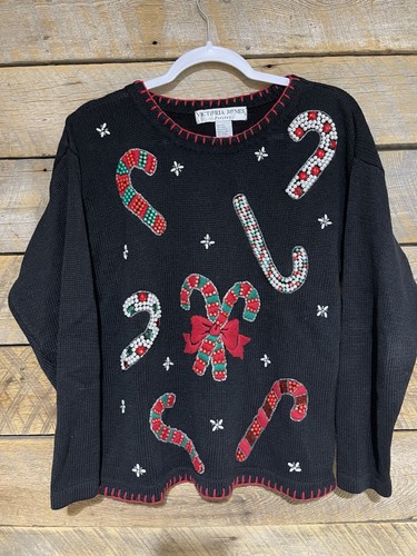 Vtg Victoria Jones Christmas Sweater Womens Petite Med Candy Cane Beaded Holiday