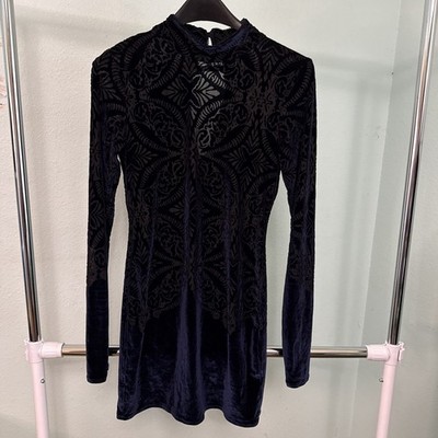 Free People Navy Blue Velvet Burnout Mini Bodycon Dress Sz M Fairy Grunge Goth