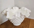 Vintage Fenton Hobnail Milk Glass Ruffled Candy Dish Bowl White 6.25" X 4"