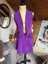 Vintage 1970s Purple Suede Fringe Purple Wraparound Skirt Vest Set Sz Small
