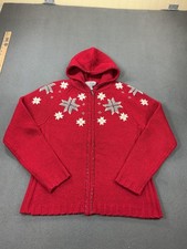 Eddie Bauer Sweater Womens Tall L Red Wool Hooded Full Zip Snowflake Holiday