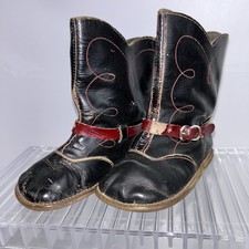 1940 Leather Baby Cowboy Boots Black and Red, Buckle Strap with Owners Note