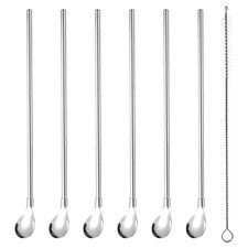 6 Pieces Stainless Steel Spoon Straws, Spoon Straw with 1 Cleaning Brush