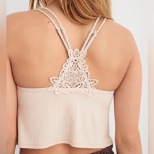 Aerie Ribbed Applique Lace Crop Tank Bralette- Light Tan NWT