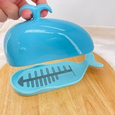 DOWAN Porcelain Whale Butter Dish With Cutting Measuring Line Large Blue