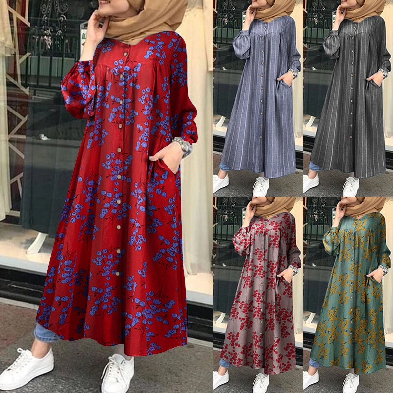 Women Muslim Abaya Long Sleeve Maxi Dress Casual Party Holiday Long Shirt  Dress | eBay