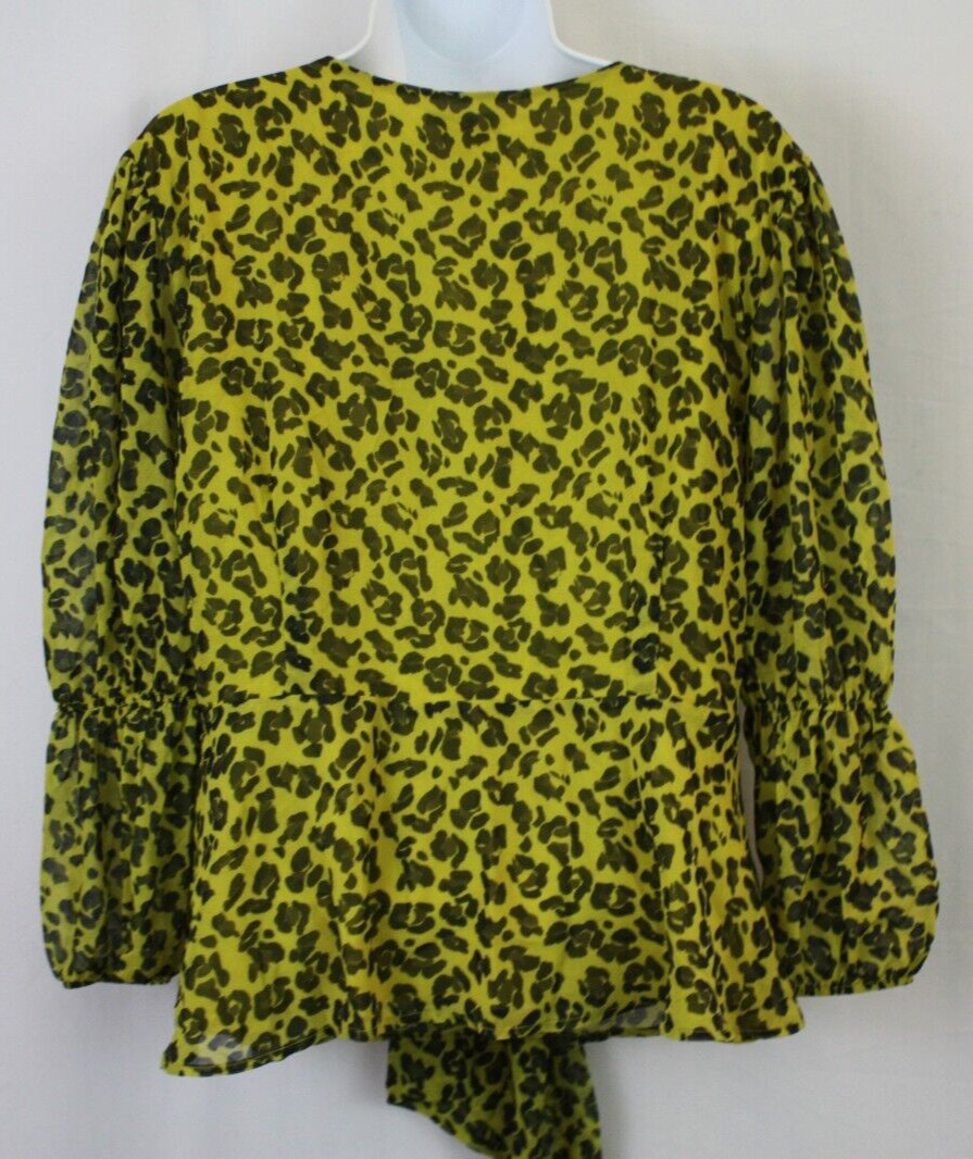 New York & Company Blouse Womens L Leopard-Print Puff-Sleeve Punk Retro Rock Y2K
