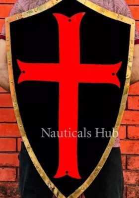 24'' Medieval Knight Cross Heater Shield Crusader Black & Red Warrior Shield