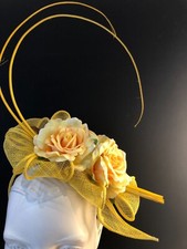 Yellow Sinamay Fascinator with Roses and Ostrich Quills