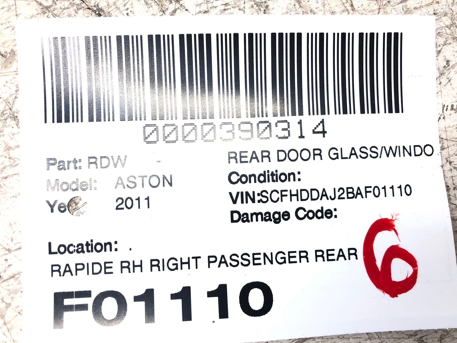 ASTON MARTIN RAPIDE RIGHT PASSENGER REAR DOOR GLASS WINDOW AD43-F25828-AC OEM