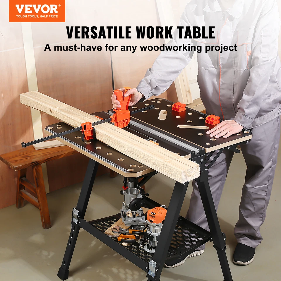 VEVOR Folding Work Table Workbench Sawhorse 1000 lbs Capacity Adjustable Heights - Image 2 of 4