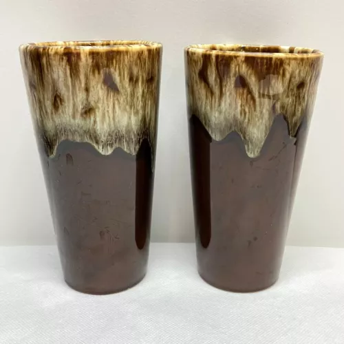 VTG 2 Hull Pottery Brown Drip Glaze MCM 5.5" Glasses Tumblers Highball Pair READ