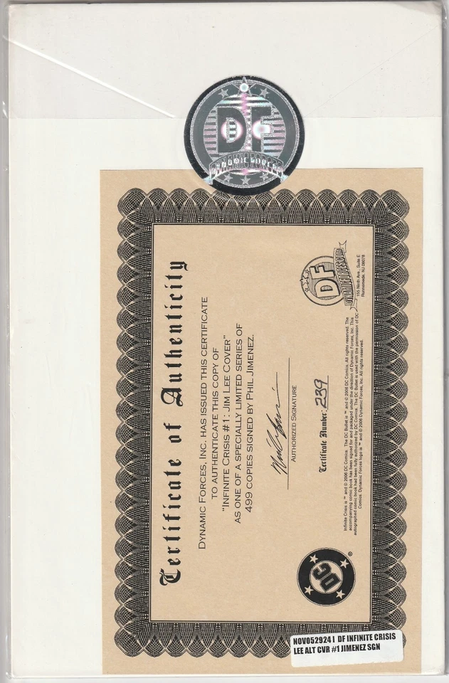 Infinite Crisis #1 signed by Phill Jimenez DF COA LIMITED To 499 NM Unread 2005 - Imagen 2 de 2