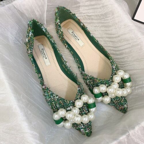 Flat Shoes Women Pearls Pointy Toe Green White Ballet Women Slip On Loafer Dress - Foto 1 di 20