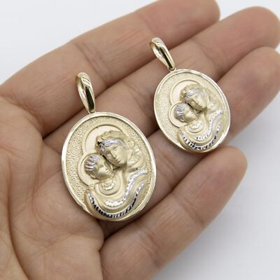 Textured Virgin Mary and Baby Jesus Medallion Pendant 14K