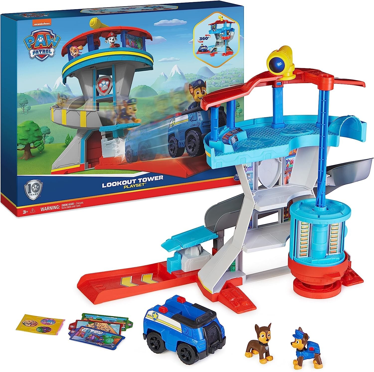 Juego de Torre de Mirador Paw Patrol con Lanzador de Coche de Juguete, 2 Figuras de Acción de Persecución,