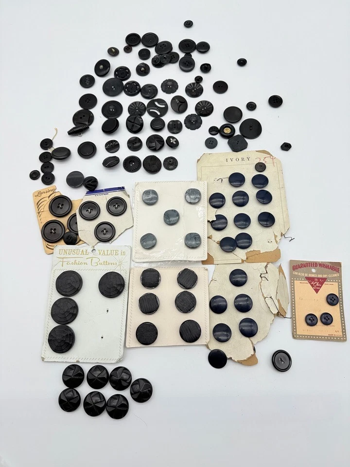 LOT Vintage Black Celluloid Carved Geometric Molded Bakelite Sewing Buttons 1 lb - Image 2 of 4