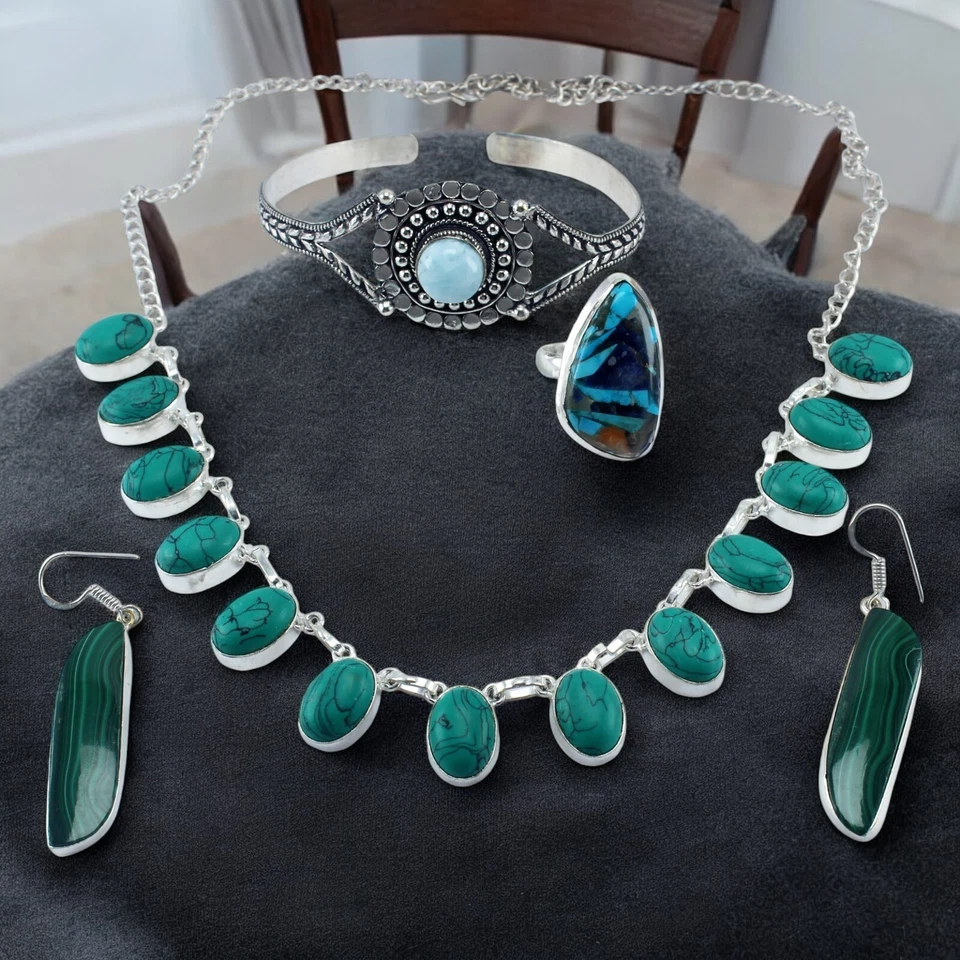 Handmade Turquoise Jewelry Set Bracelet Necklace Ring &Green Malachite Ear Ring - Image 2 of 4