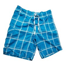OP Ocean Pacific Swim Trunks Board Shorts Mens Large Blue Windowpane Drawstring