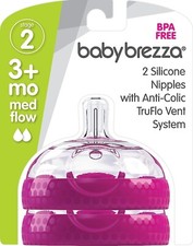Baby Brezza Stage 2 Medium Flow Silicone Anti-Colic Nipples Pink 2 Pack