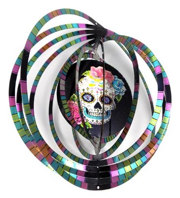 SS 3D Wind Spinner Sugar Skull Day of the Dead Heavy Stainless-Steel Crystal Orb