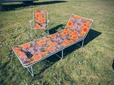 Vintage Retro Flower Power Sun Lounger & Chair Set Orange Floral Print 1970s 