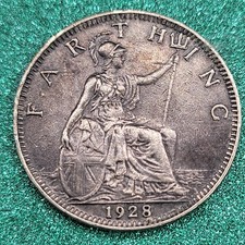 1928 George V Farthing – British Bronze Coin – Great Britain – Nice Detail #F9