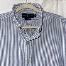 Ralph Lauren Seersucker Shirt Classic Fit Short Sleeve Blue White Stripe Large