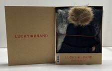 Lucky Brand Women's Gray Black Plaid Scarf and Hat Set Knit Pom Pom Beanie