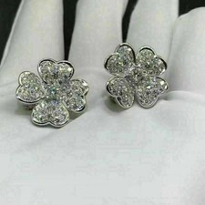 1.30Ct Round Cut Moissanite Women's Flower Stud Earrings 14K White Gold Plated