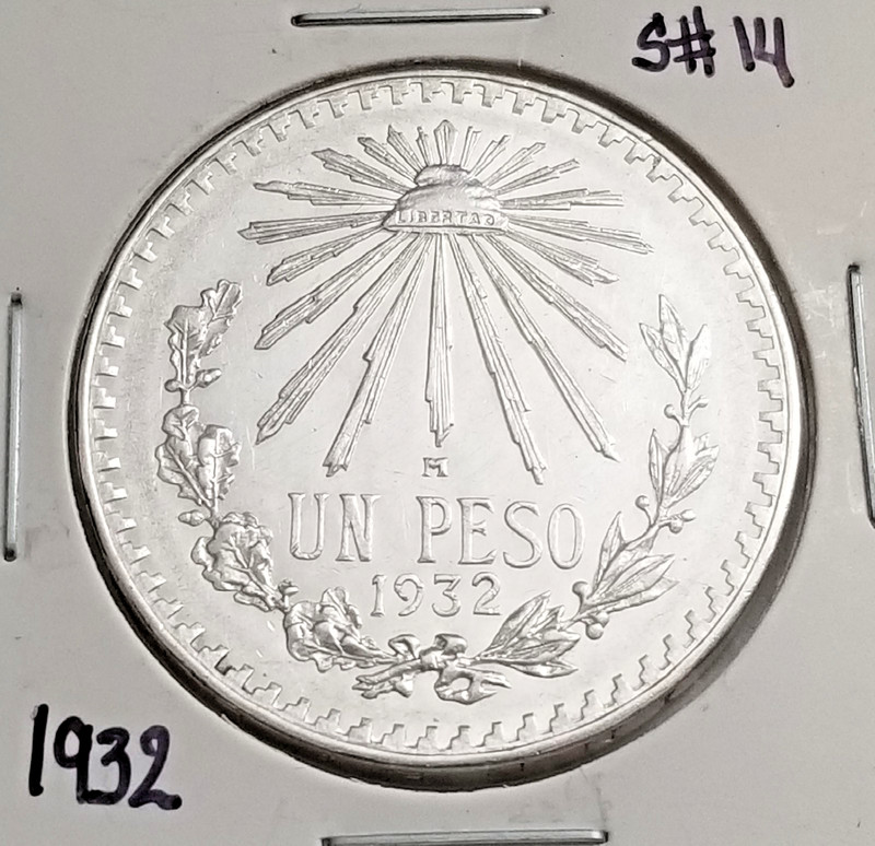 Mexico 1 Peso 1932 .720 Coin Silver, Low date, Un Peso Plata .720.