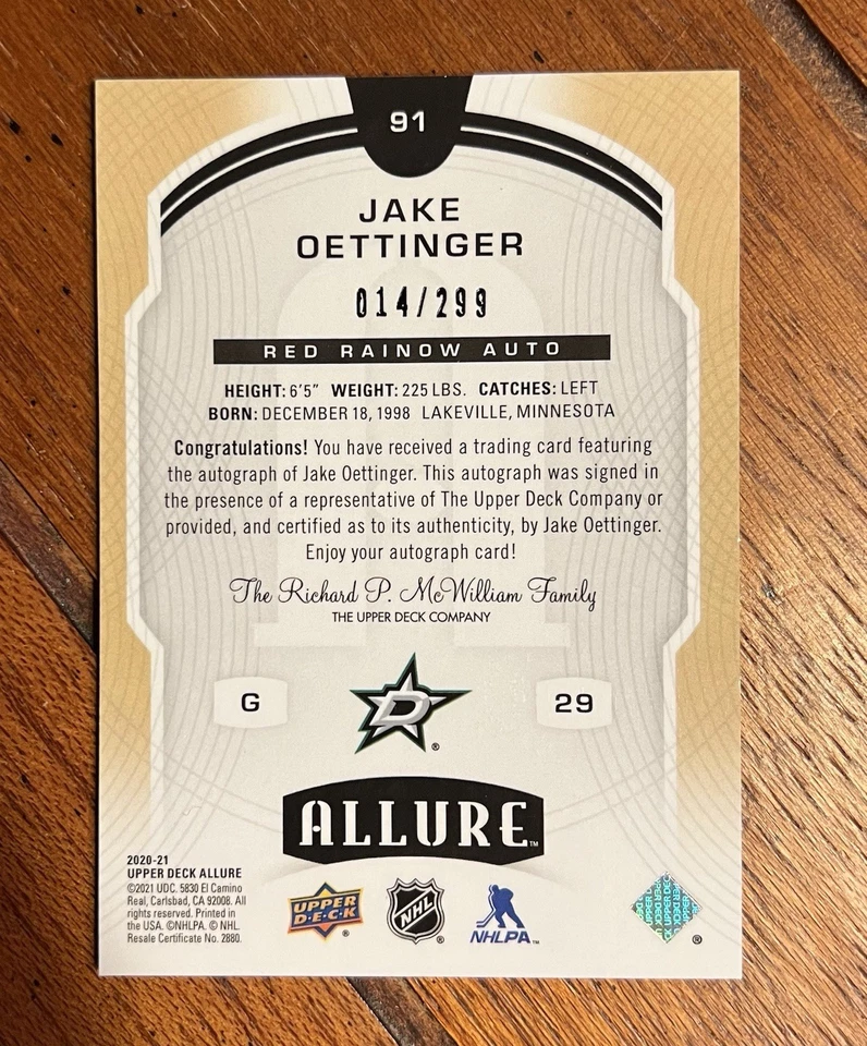 2020-21 UD Allure Rookie Jake Oettinger #91 Red Rainbow Autographs /299 (AU/RC) - Image 2 of 2