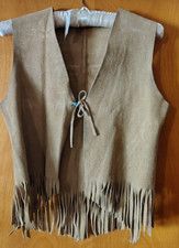 Vintage 1960s Leather Vest with Fringe and Bead Tie Chest 35" Length 22"