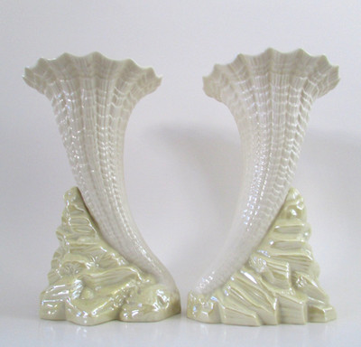 Irish BELLEEK Porcelain Rock Spill Cornucopia Horn Vases Set 2