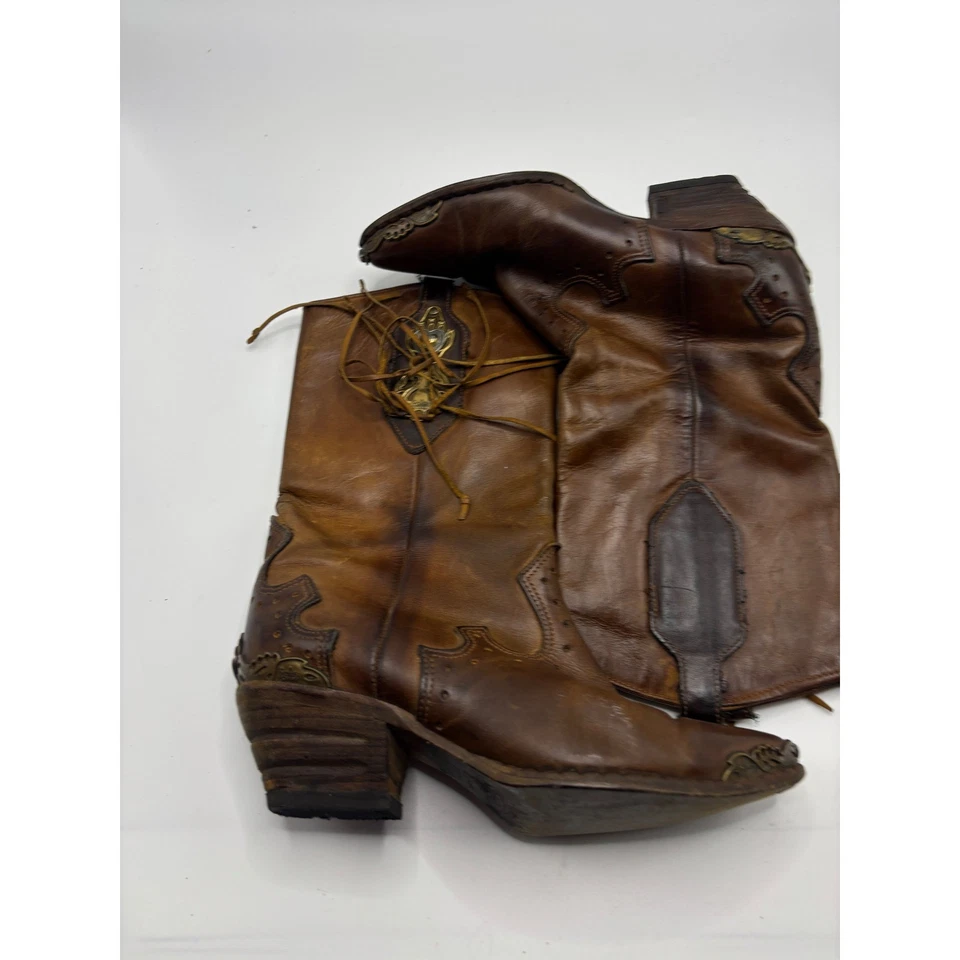 复古 Zodiac 棕色皮革牛仔靴 西式黄铜装饰 6 — 第 2/4 张图片