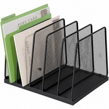 5Section Vertical File Organizer Desk Wood Base Metal Mesh Sorter Black