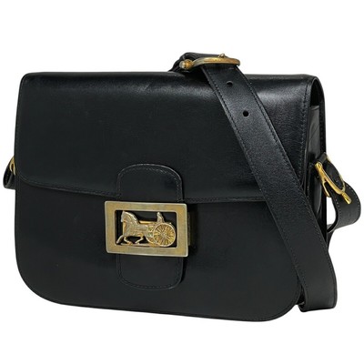 CELINE Carriage Metal Fittings Shoulder Bag Logo Leather Black Women's