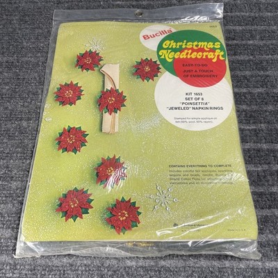 Vintage Bucilla Christmas Needlecraft Kit #1653 Jeweled Poinsettia Napkin Rings