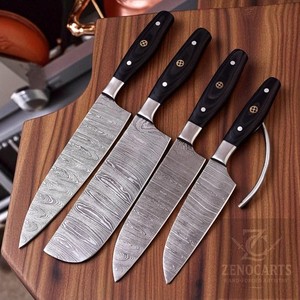 Couteau de cuisine de Damas 4PCS Couteaux de chef noir BBQ Kit de cuisson + Sac en cuir