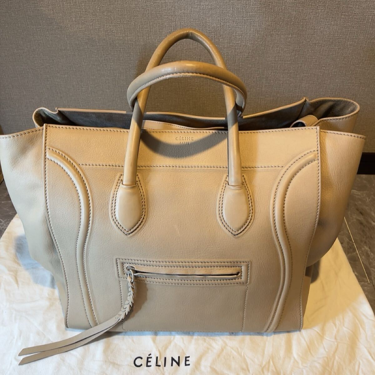 Auth CELINE Phantom Nano Tote in Beige Leather Japan Import