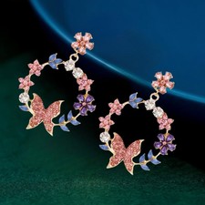 Mixed Color Crystal Rhinestone Flower Leaf Butterfly Stud Earrings