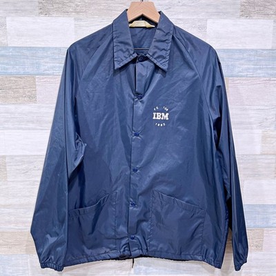 Vintage 80s IBM Employee Windbreaker Rain Jacket Navy Blue Snap Button Mens XL