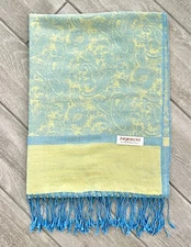 Pashmina Wrap Scarf Shawl Soft Yellow & Blue w/ Blue Fringe Approx 27" W x 72" L