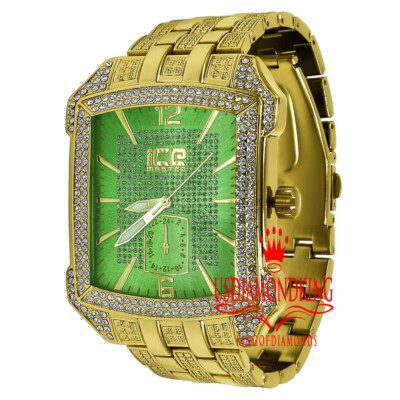 Montre Homme Ice Master Cadran Vert Or Rectangulaire - Simili Diamants, Quartz - Neuf Avec étiquettes